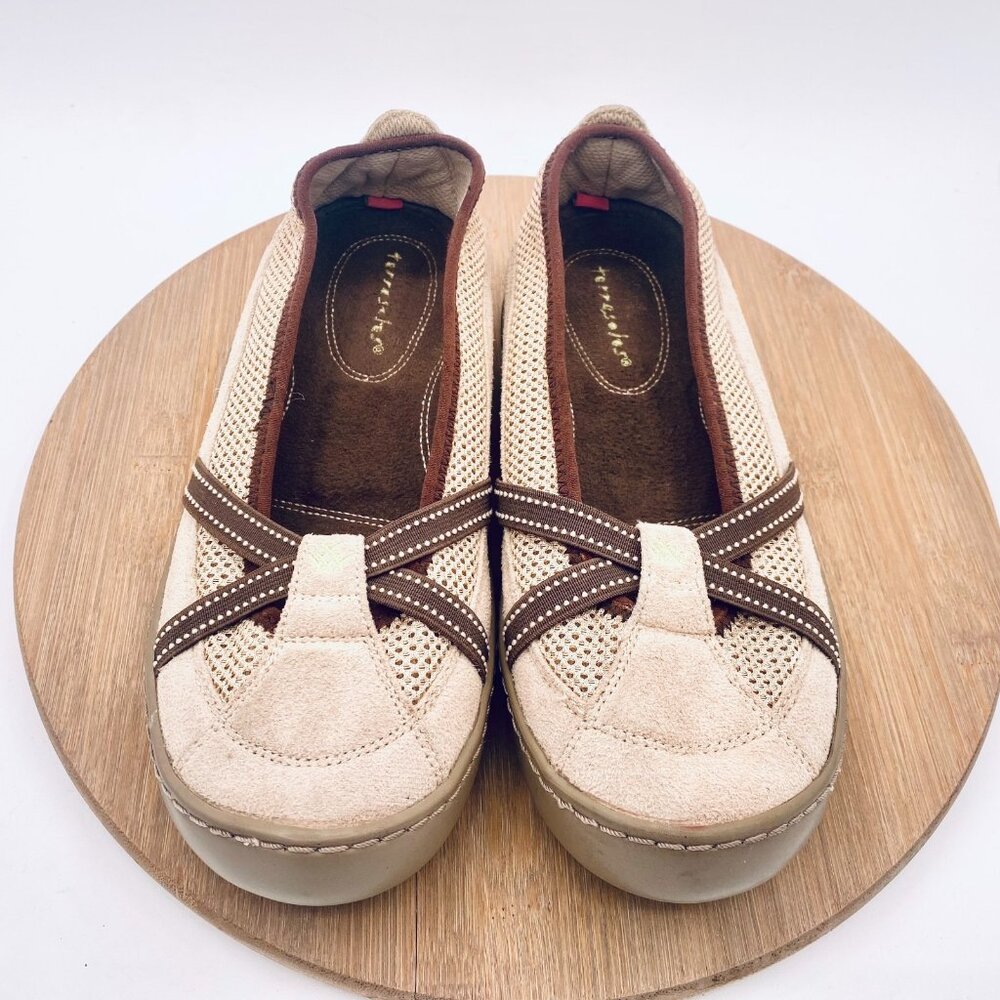 Terrasoles Shoes Womens 9 Beige Suede Echo Crossband Sporty Flats
